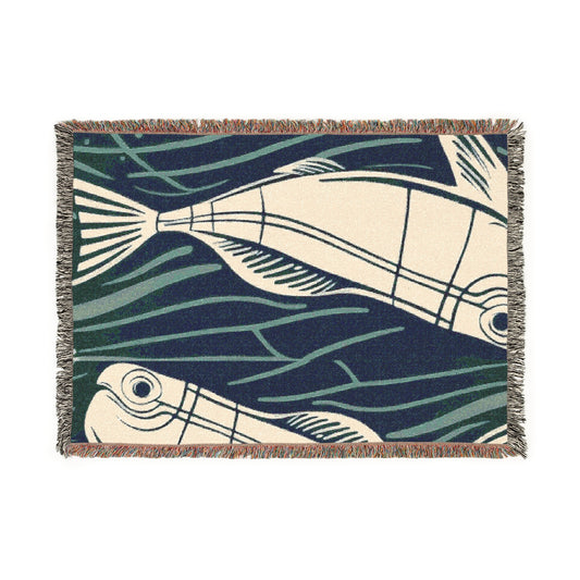 Woodblock Fishes Vintage Nautical, Beach House Blanket, Coastal Room Decor, Maritime Ocean Inspired WOVEN BLANKET