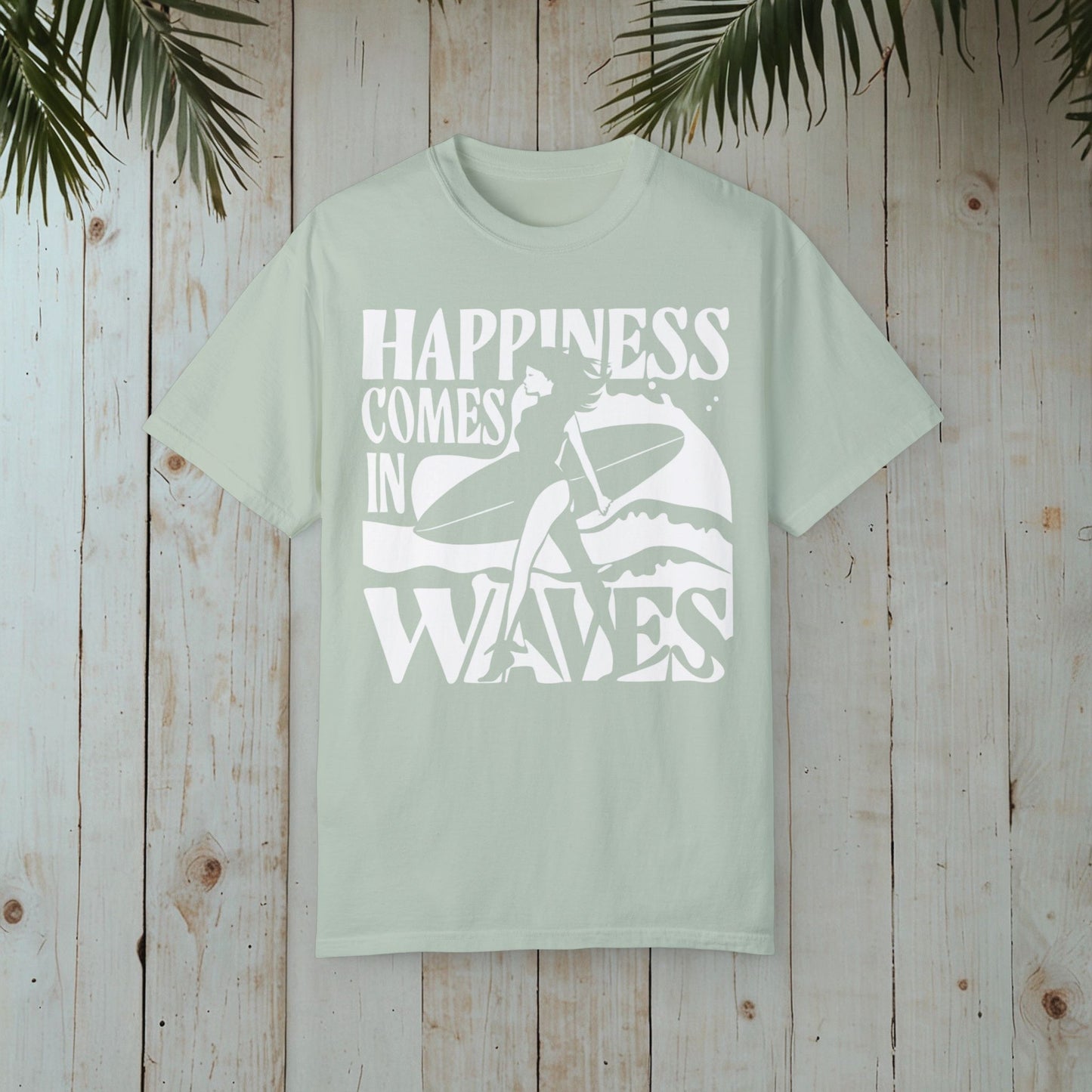 HAPPINESS COMES IN WAVES RETRO SURFERGIRL GARMENT-DYED TEE