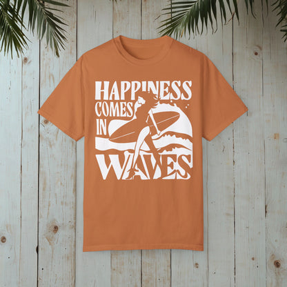 HAPPINESS COMES IN WAVES RETRO SURFERGIRL GARMENT-DYED TEE