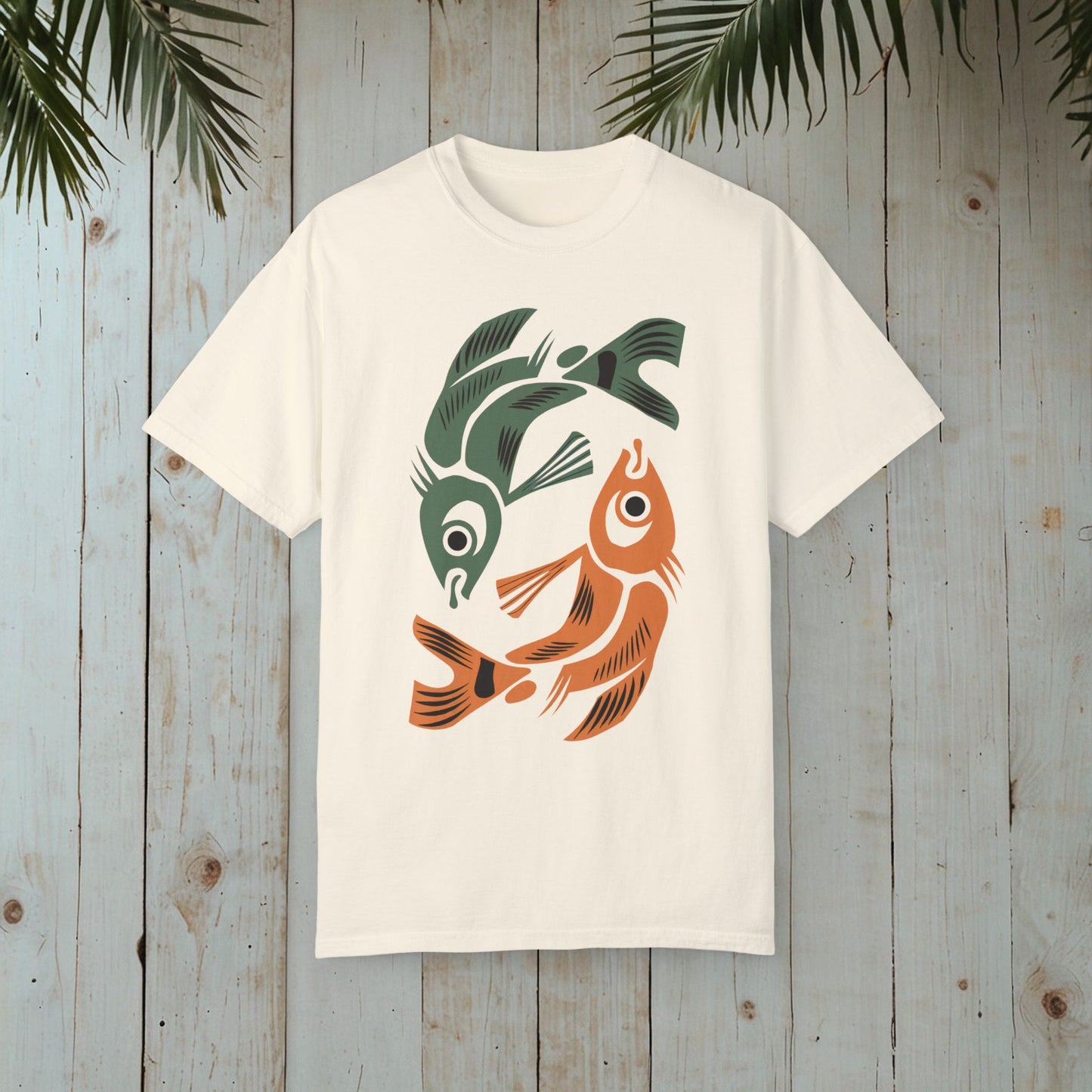 OCEANIC WOODBLOCK FISHES GARMENT-DYED TEE