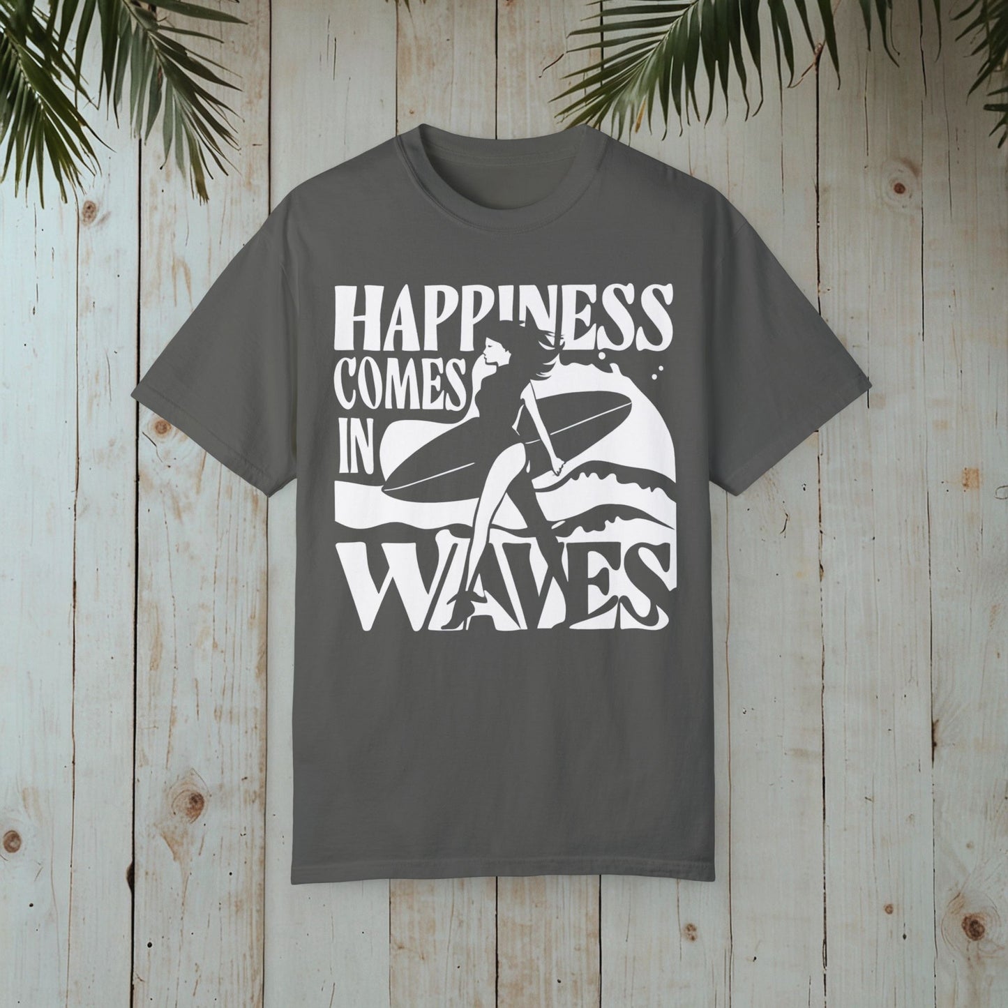 HAPPINESS COMES IN WAVES RETRO SURFERGIRL GARMENT-DYED TEE