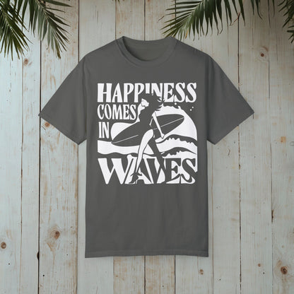 HAPPINESS COMES IN WAVES RETRO SURFERGIRL GARMENT-DYED TEE